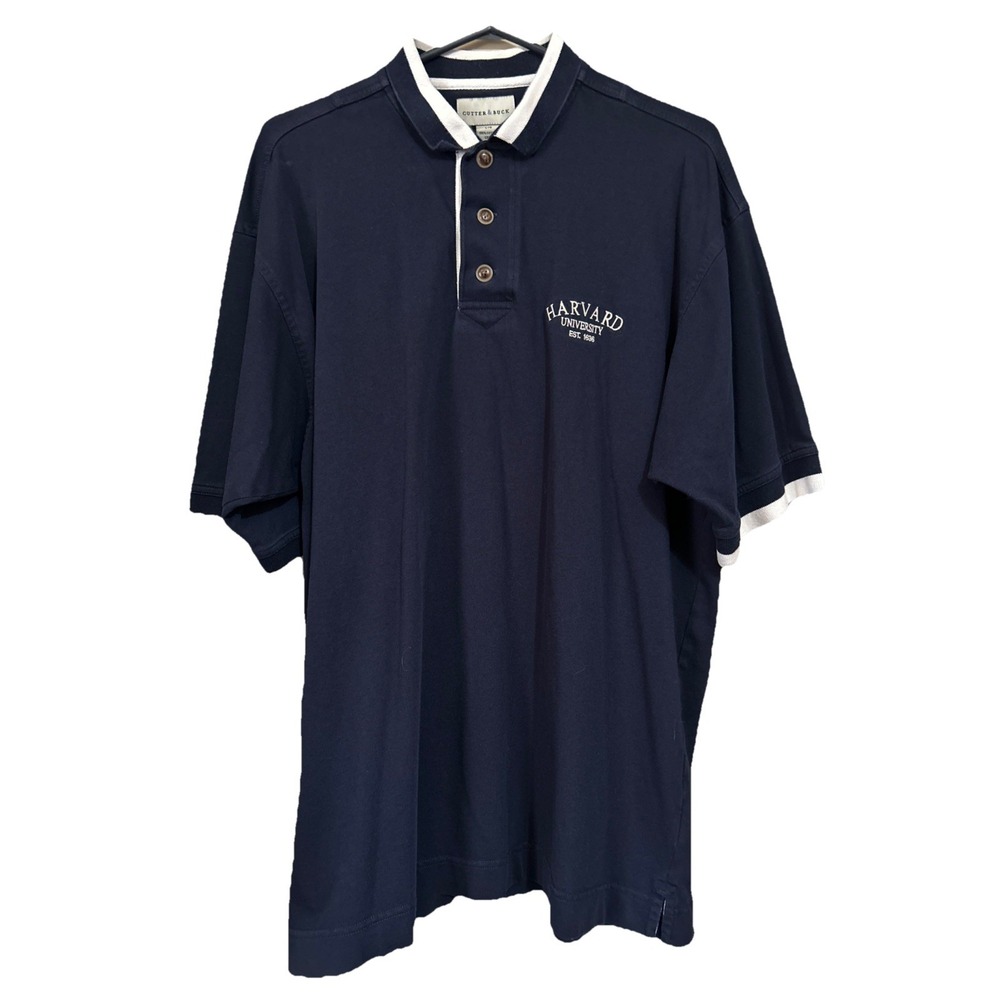 VTG Cutter & Buck HARVARD University Golf Polo White & Blue Knit Contrast Collar